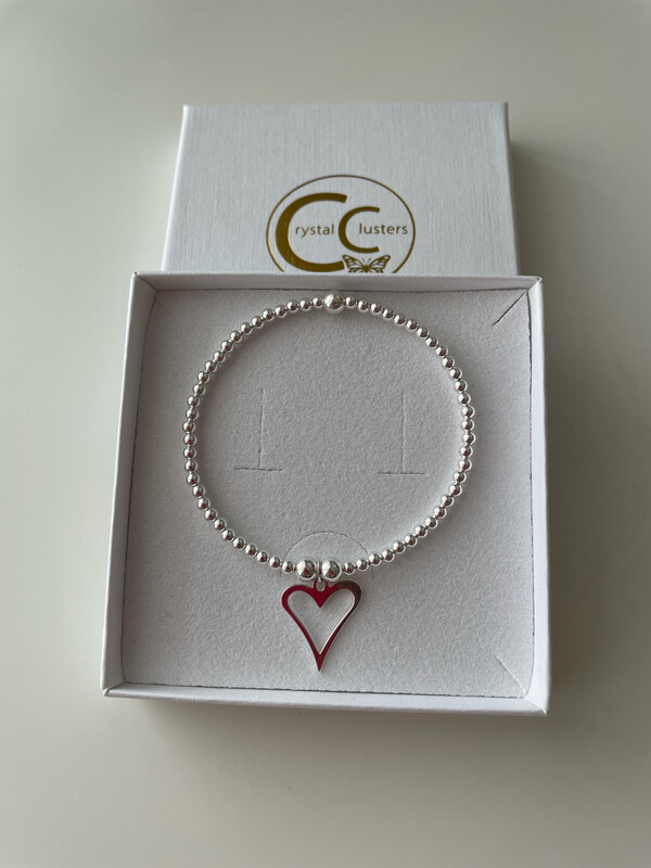 Sterling Silver Stretchy Heart Charm Drop Bracelet