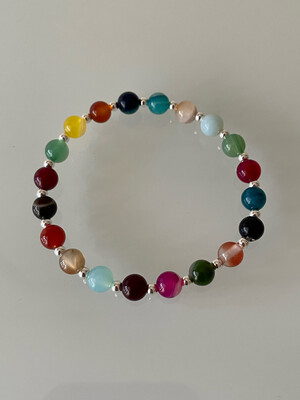 Multi Coloured Agate Gemstone Stretchy Bracelet With Sterling Silver