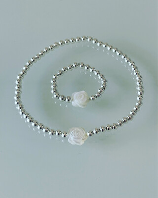 Mother Of Pearl Carved Rose Stretchy Bracelet And Ring Set.
