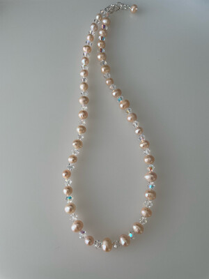 Freshwater Peach Cultured Pearl With Czeck Crystal Necklace