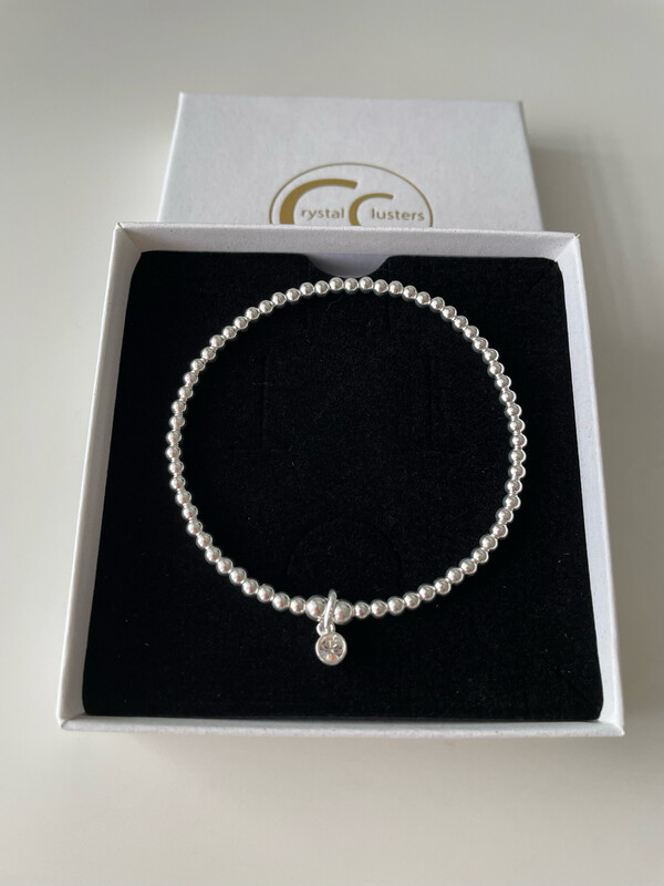 Crystal Charm Drop Sterling Silver Stretchy Bracelet
