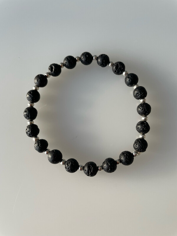 Black Lava With Sterling Silver Stretchy Bracelet