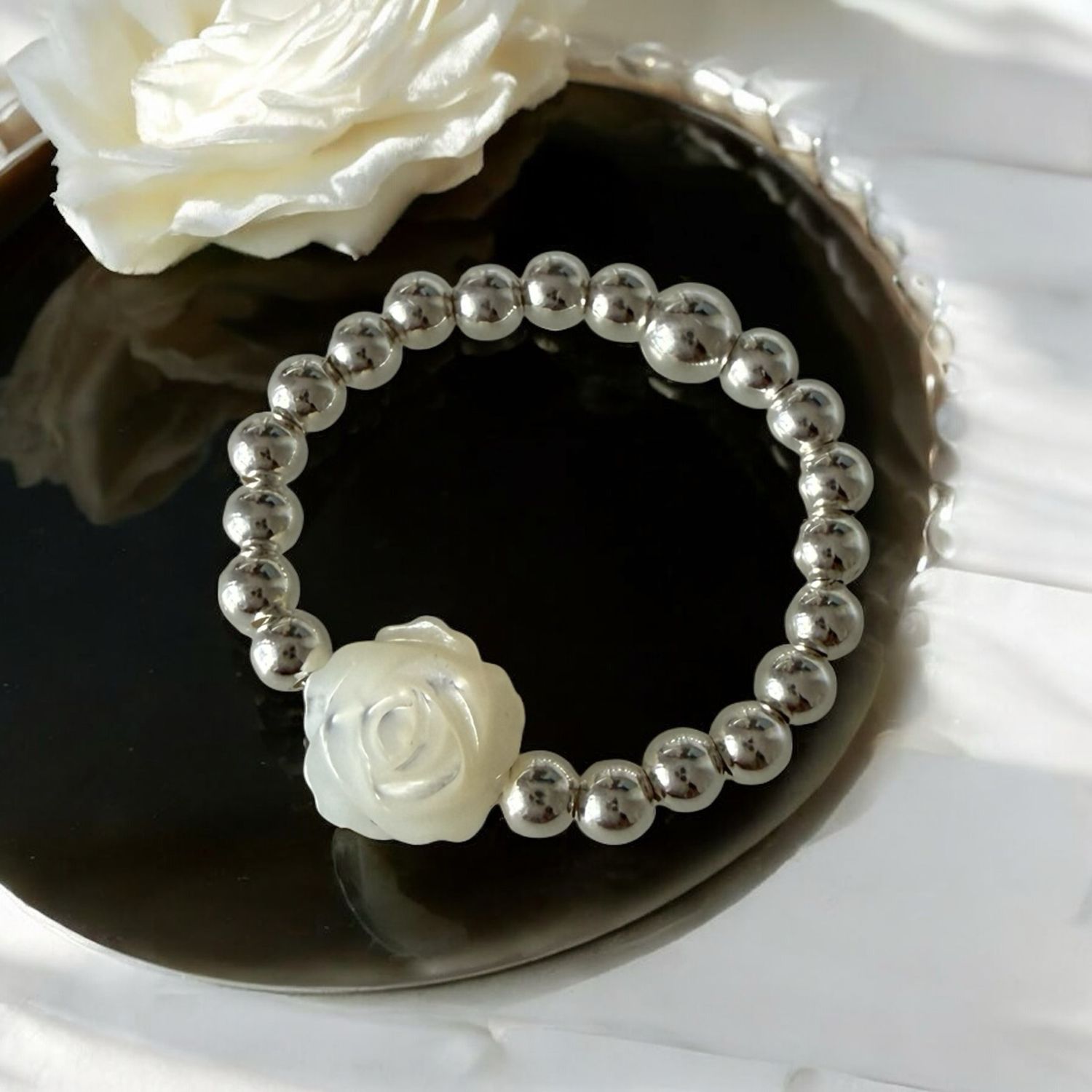 Blush Bloom- Mother Of Pearl Rose Stretchy Ring