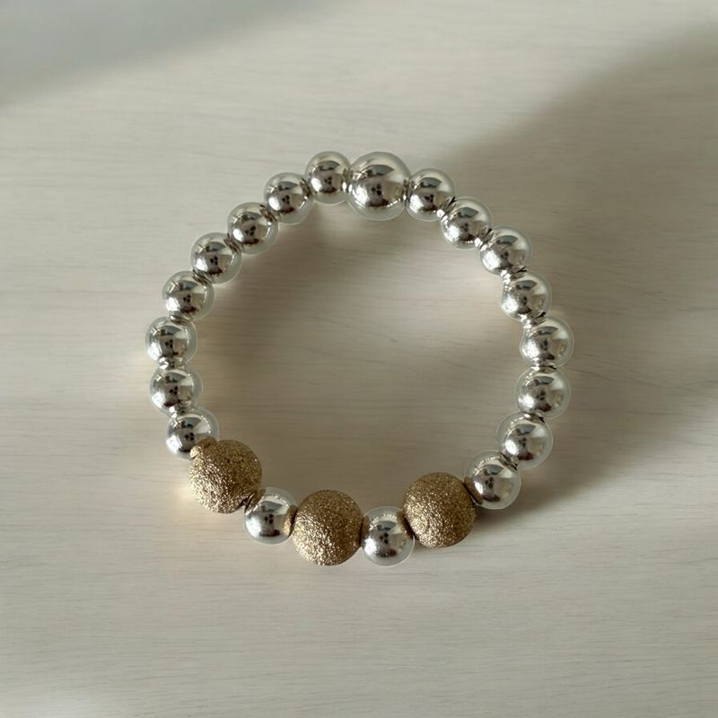 Frosted Gold & Sterling Silver Stretchy Beaded Ring