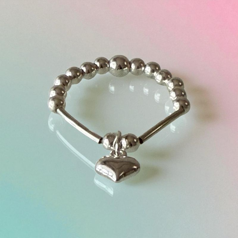 Sterling Silver Puff Heart Charm Stretchy Ring