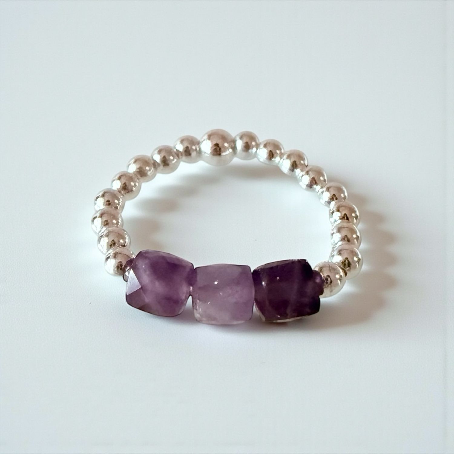 Natural Zambian Amethyst Stretch Ring With Sterling Silver