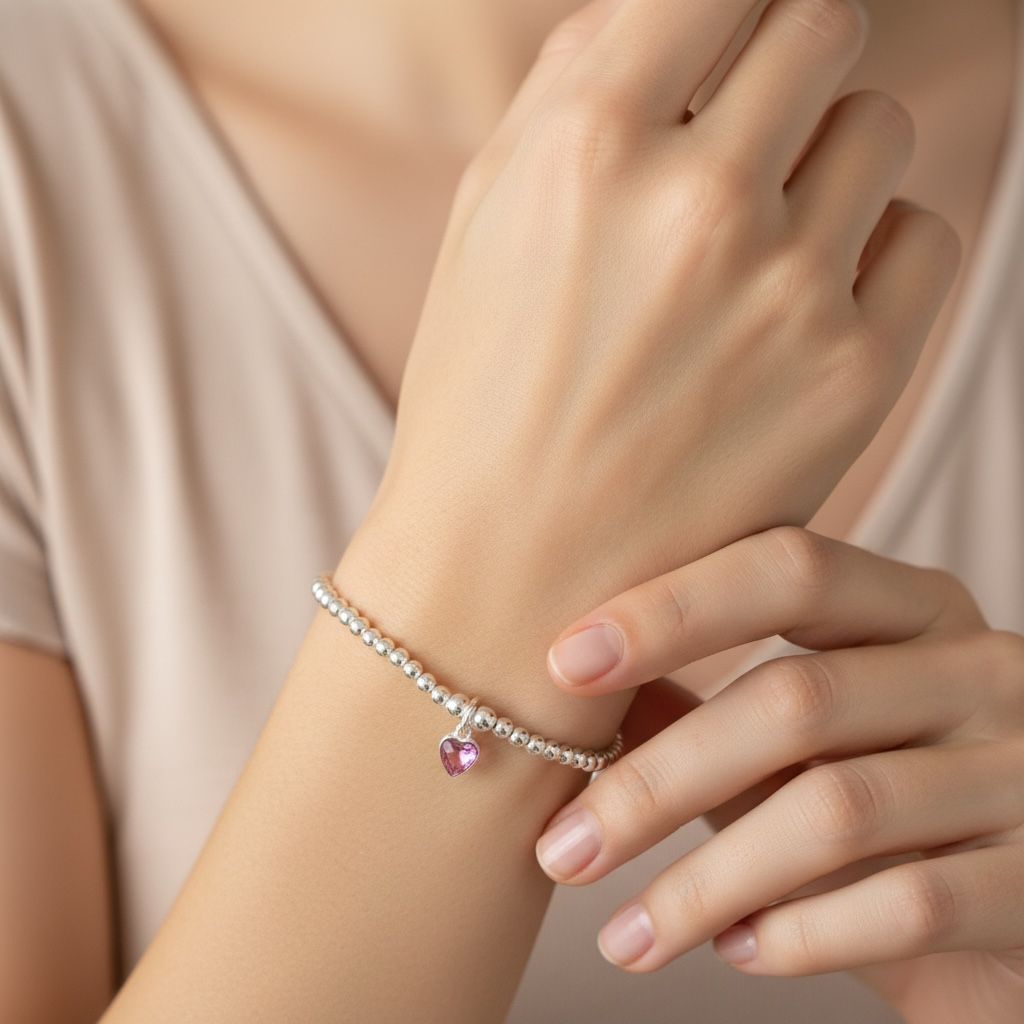 Sterling Silver Pink Cubic Zirconia Heart Stretch Bracelet