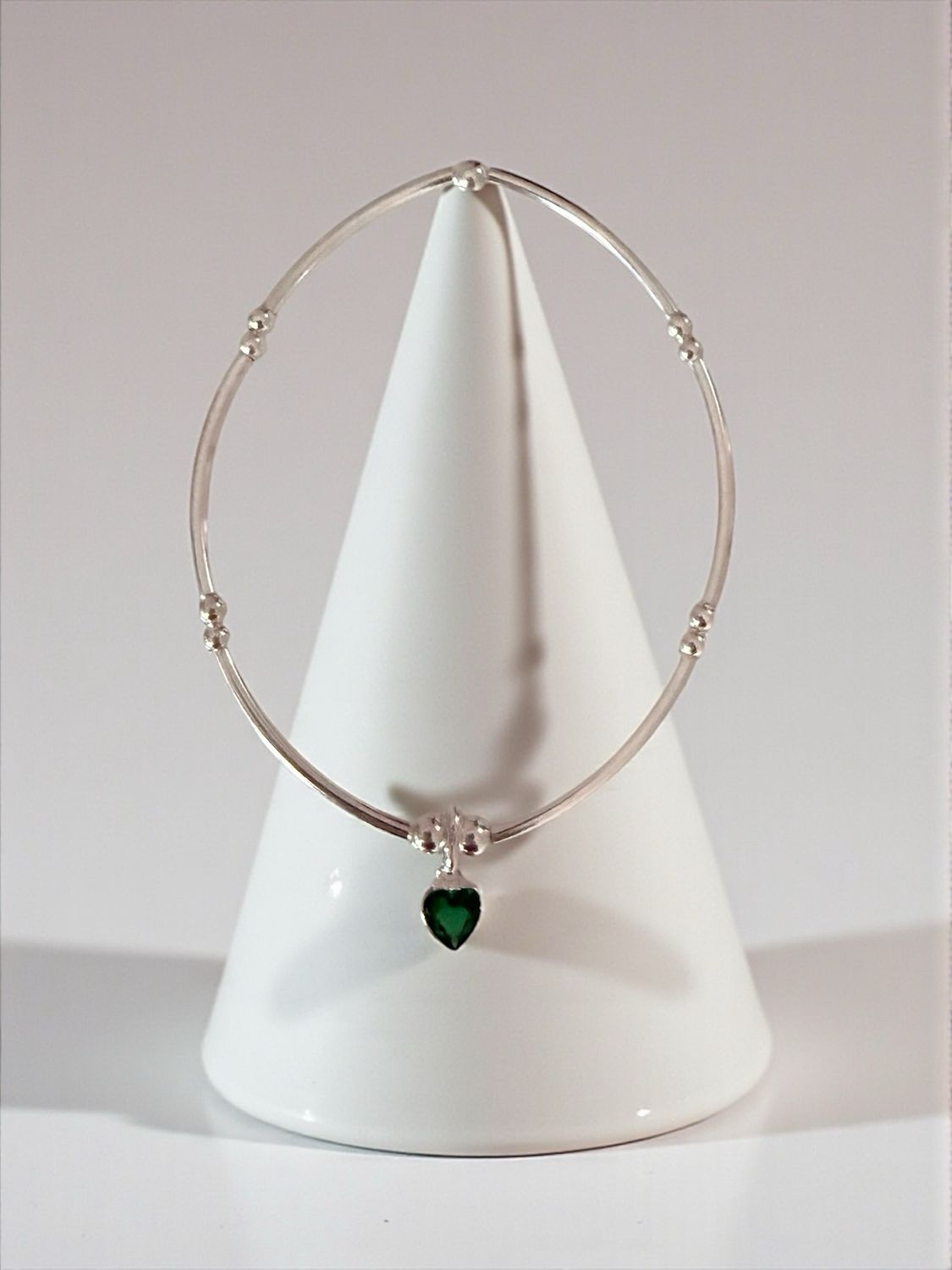 Sterling Silver Beaded Stretch Bracelet with Emerald Crystal Heart