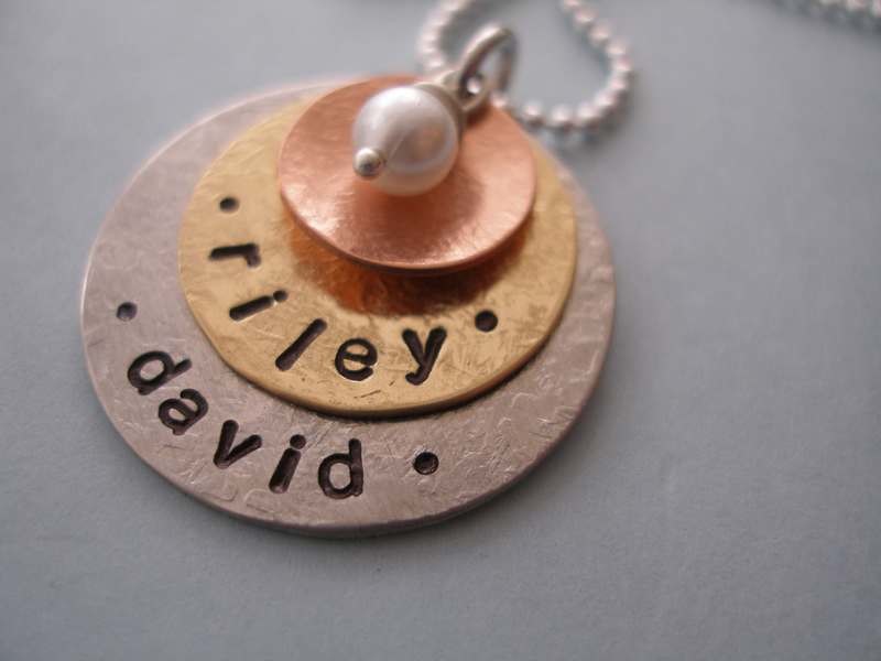 Layered name pendant ~ mixed metals with pearl