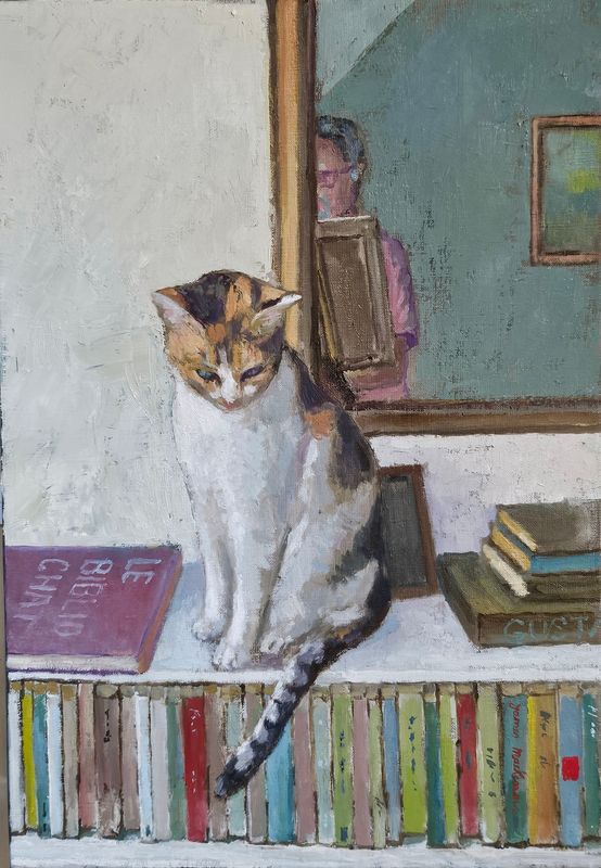 Le biblio chat. 55x38 cm. Huile sur toile.