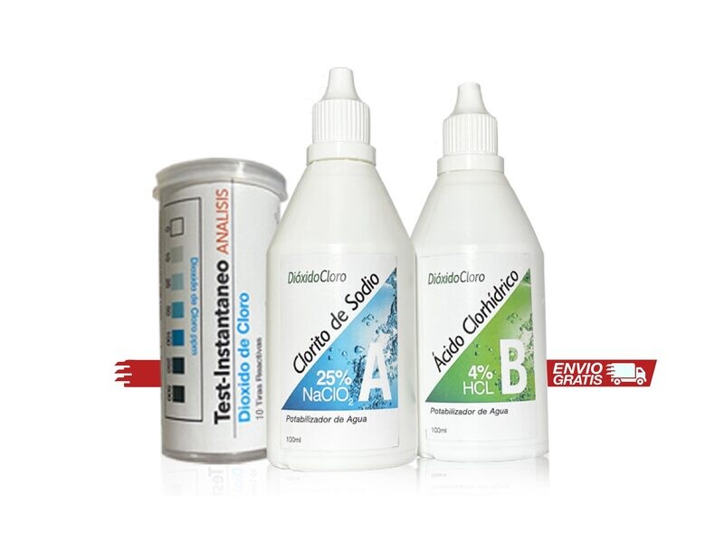 Combo x2- Kit 100ml Dioxido de cloro + Tiras reactivas dioxido de cloro 500ppm 10u