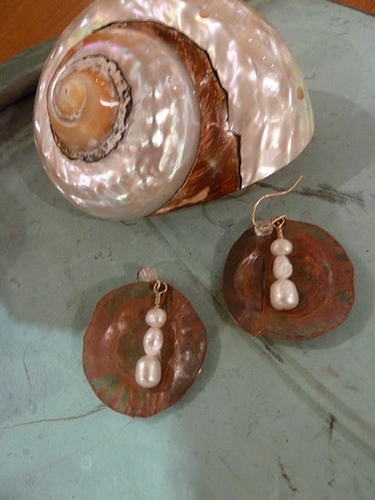 Earrings with Pearls on Hammered Copper