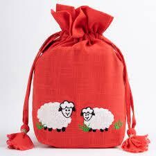 Lantern Moon - Drawstring Project Bag - White Sheep, Red Bag