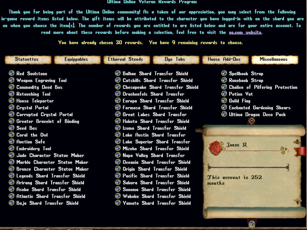 🔥 252-Month Ultima Online Account – 09 Unpick rewards - 02 Shields and 20 Personal Bless Deed 🔥