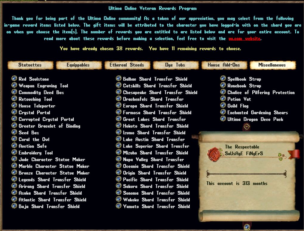 🔥 313-Month Ultima Online Account – 11 Shard Shields + 11 Unpick Rewards! 600+ Tokens🔥