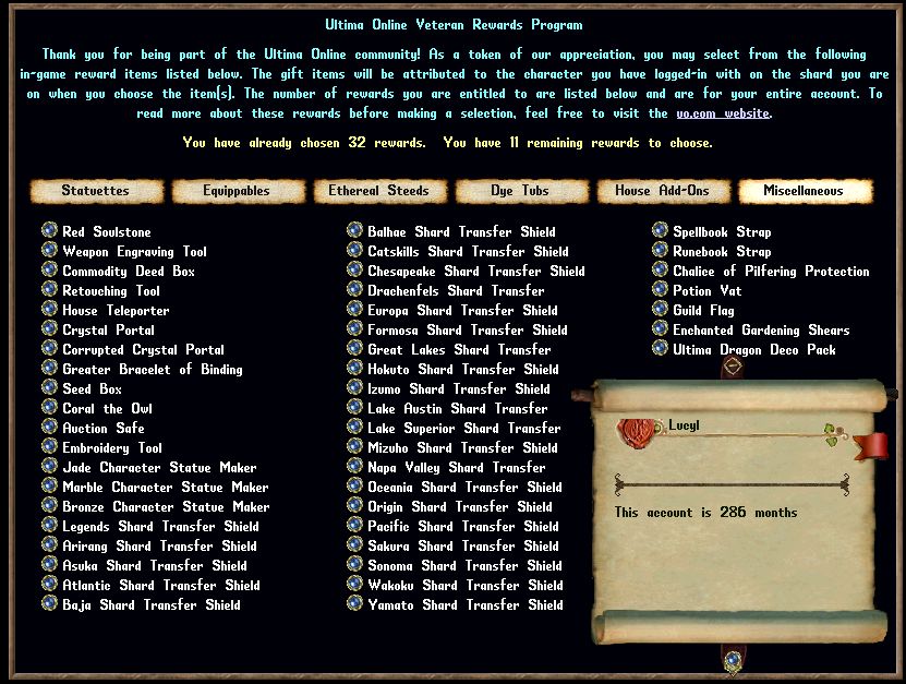 🔥 286-Month Ultima Online Account – 11 Unpicked Rewards + Faction Horse +20 EM Ready Toons! 🔥
