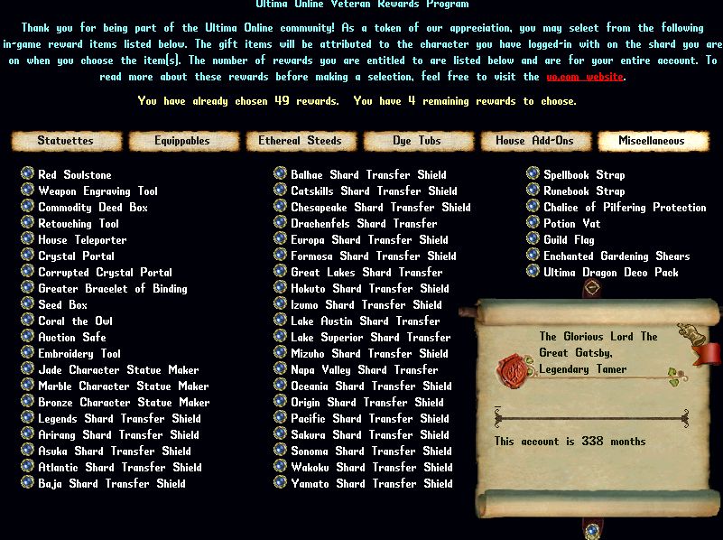 🔥 338-Month Ultima Online Account – 30 SHARD SHIELDS + 04 Unpick Rewards + 894 Transfer Tokens 🔥