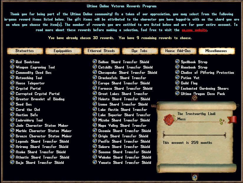 🔥 259-Month Ultima Online Account – 9 UNPICKED Rewards + Felucca House + Soulstones + Pets! 🔥