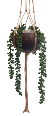 Vie Naturals Coconut Shell Pot Holder with a Sturdy Jute Macrame Style Hanging Rope, Brown- HOME