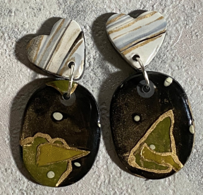 Abstract heart dangle drop resin and polymer clay earrings - Jewellery