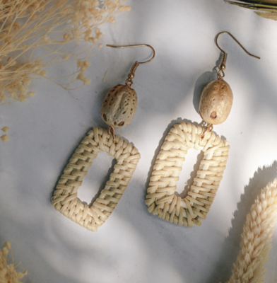 Cream rattan oblong summer drop earrings - Jewellery