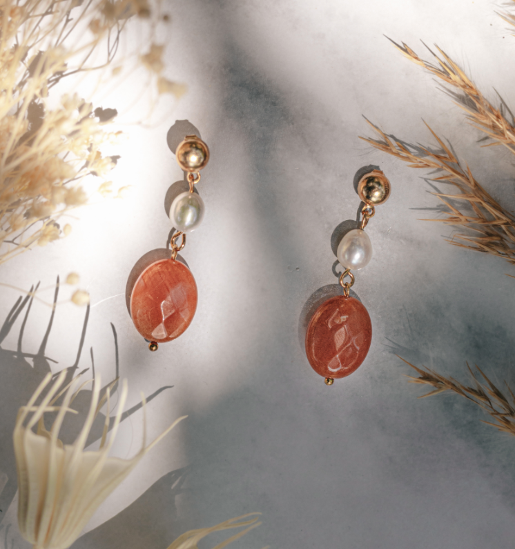 Gold tone mother of pearl &amp; orange agate earrings - Jewellery