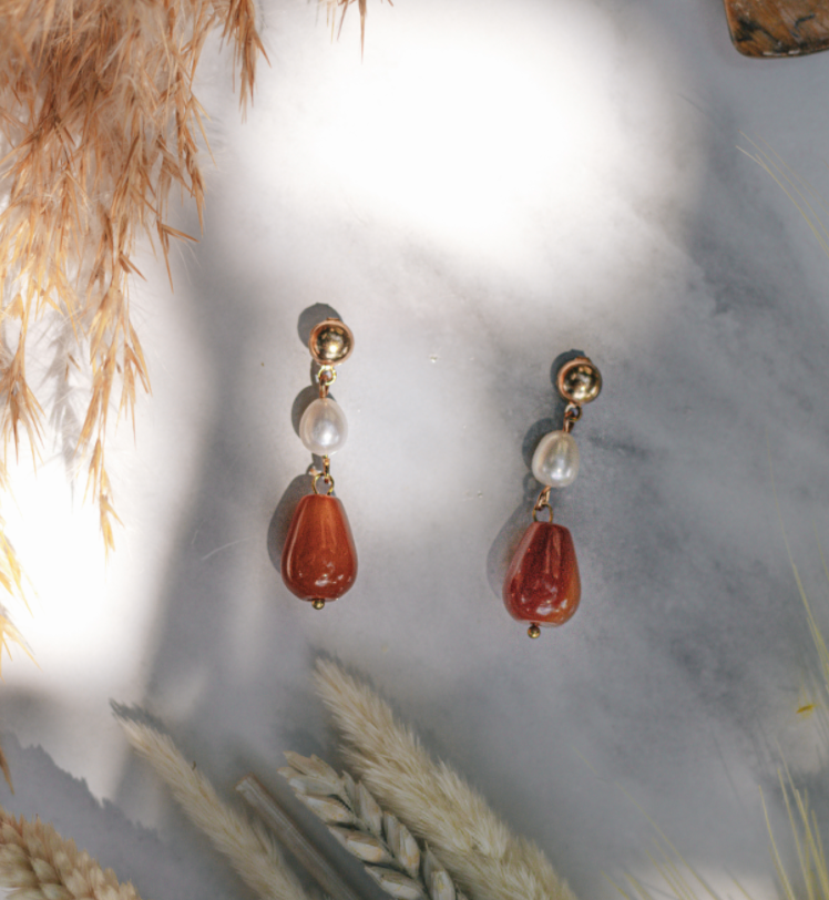 Gold tone mother of pearl &amp; orange agate pearl drop earrings - Jewellery