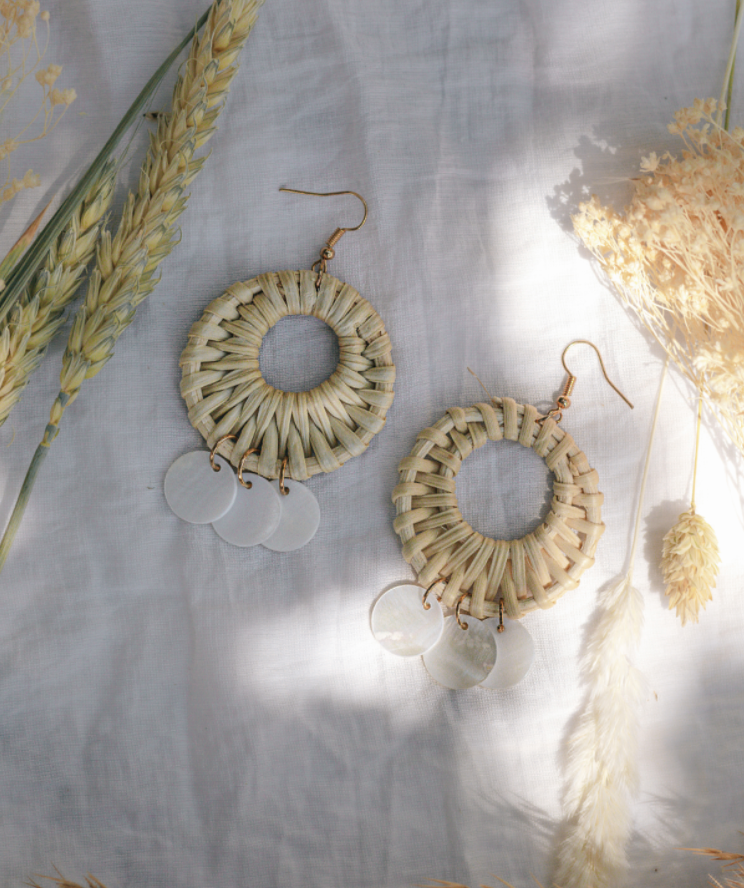 Cream rattan mother of pearl disc drop circle earrings - Jewellery
