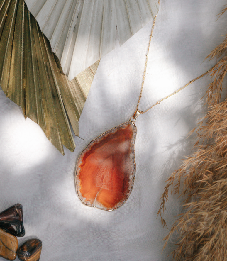 Gold tone &amp; orange agate crystal long length statement necklace - Jewellery