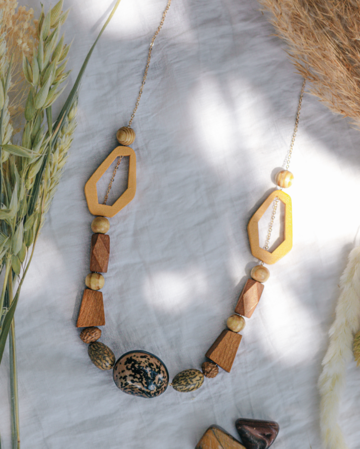 Longer length wooden geometric necklace - Jewellery