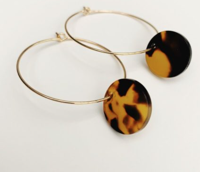 Dark Tortoise Shell Disc Gold Hoops - Jewellery