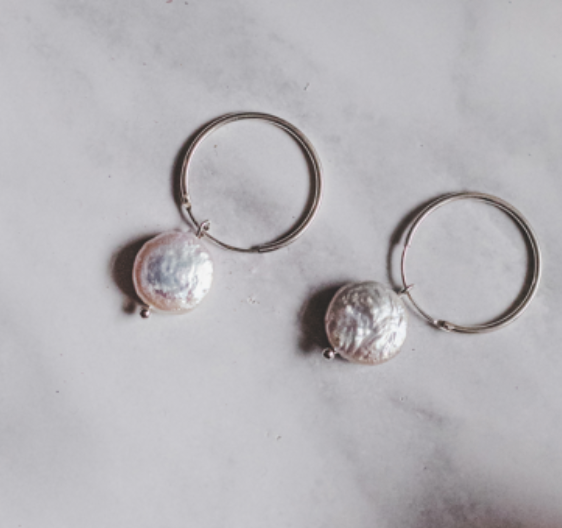 Sterling Silver Small Hoop &amp; Mother of Pearl Flat Stone Earrings - Jewellery