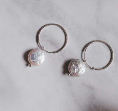 Sterling Silver Small Hoop &amp; Mother of Pearl Flat Stone Earrings - Jewellery