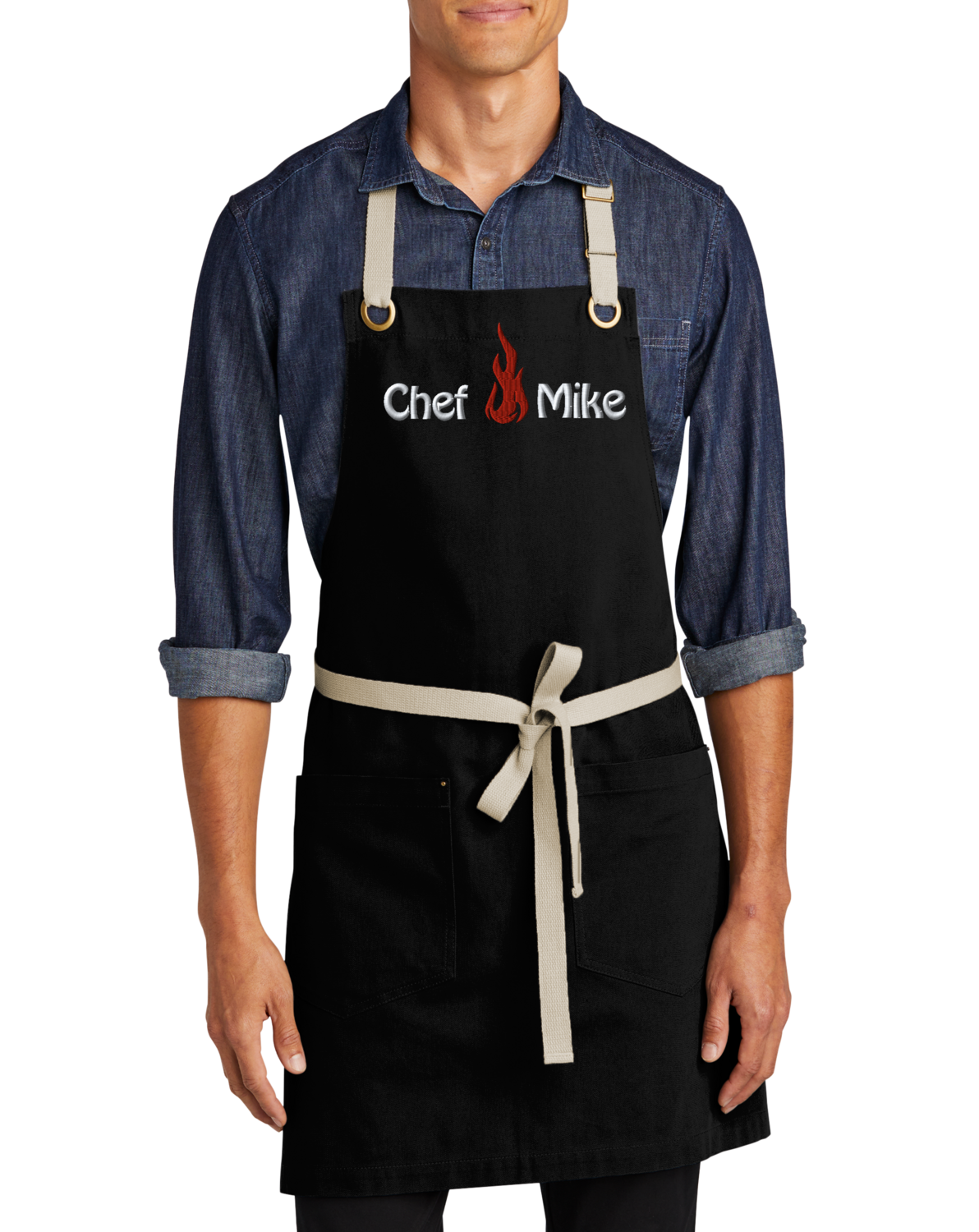 Embroidered Canvas Full-Length Two Pocket Antique Brass Grommets Chef Apron with Custom Name a Great Gift Adult Premium Quality - Personalized