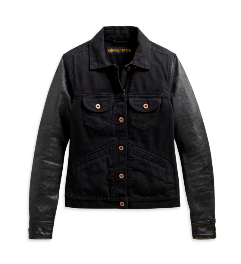 Apparel - Women&#39;s Logo Leather Sleeve Denim Jacket