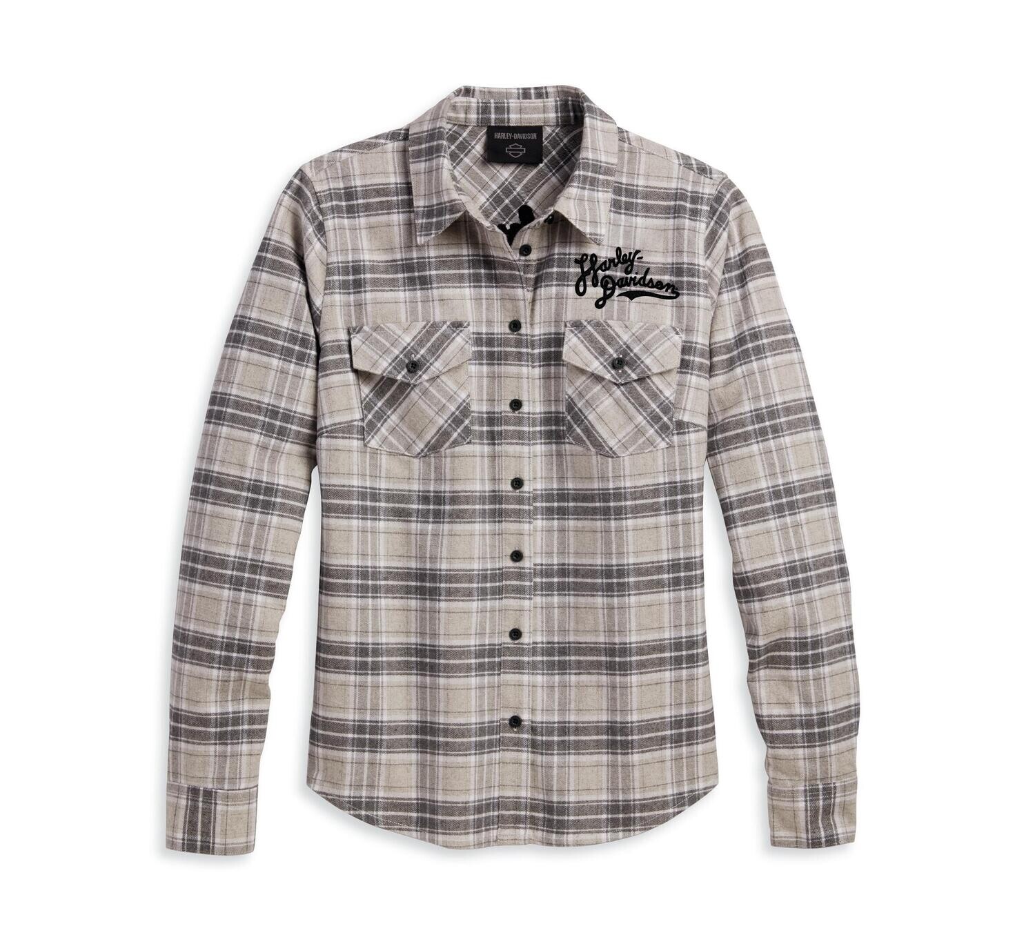 Apparel - Women&#39;s Retro Script Font Flannel Shirt - YD Plaid