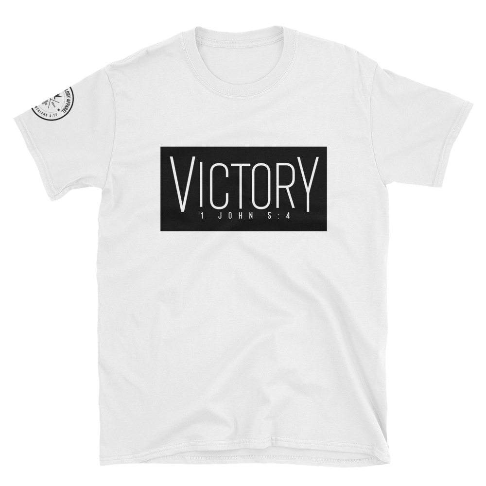 "Victory" Box Design - Basic Unisex White T-Shirt (with sleeve print)
