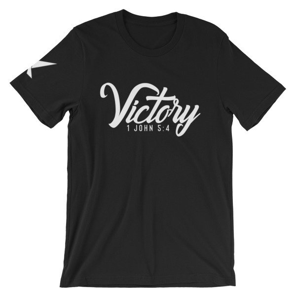 "Victory" Script Style - (Unisex) Christian t-shirt (with sleeve print)