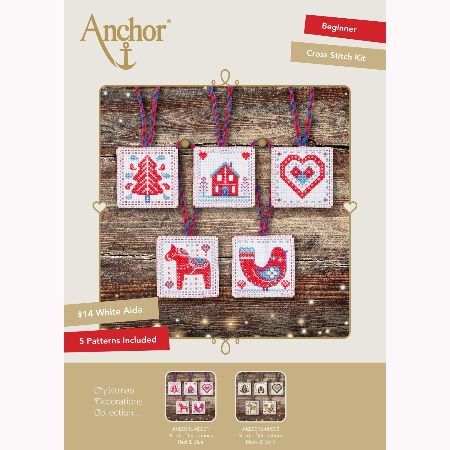 Anchor Essentials Cross Stitch Kit - Christmas Tag/Decorations Red/Blue