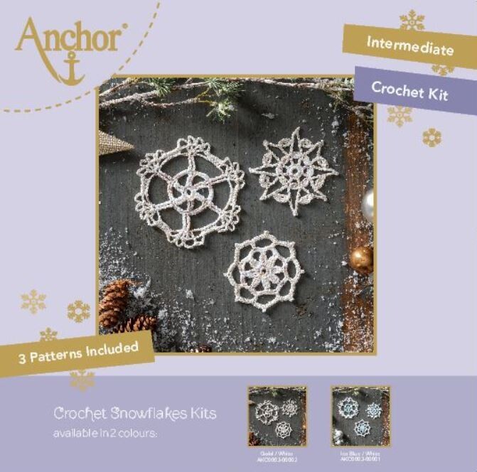 Anchor Essential Kit - Crochet Snowflakes Gold/White
