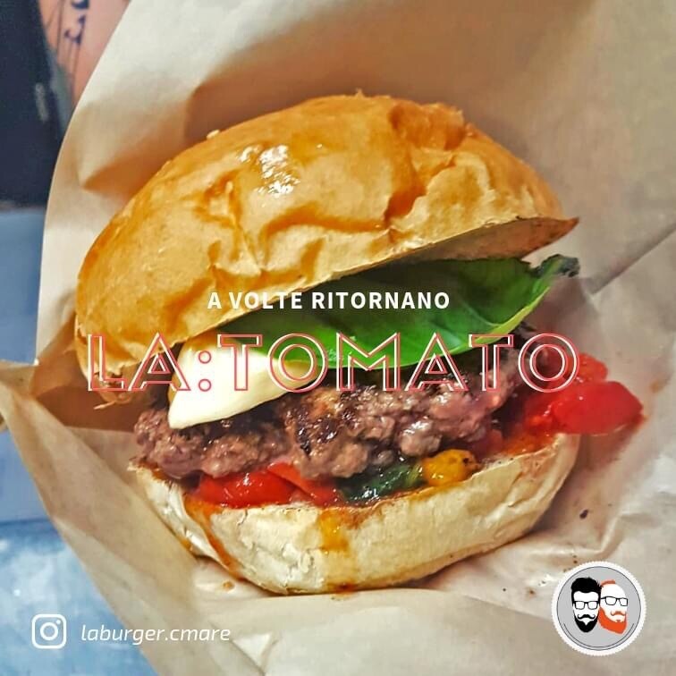  ——- LA:TOMATO ——- Bun Brioche, Hamburger, Datterini Rossi e Gialli, Provola Fresca, Olio Aromatizzato Al Basilico