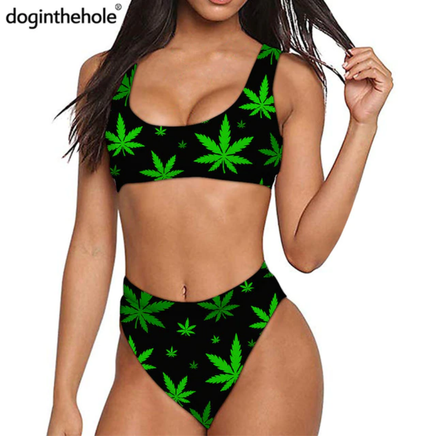 Summer Bikini Wear Green Weed Print