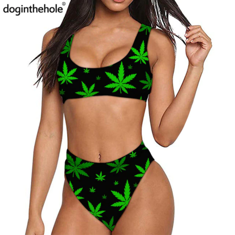 Summer Bikini Wear Green Weed Print