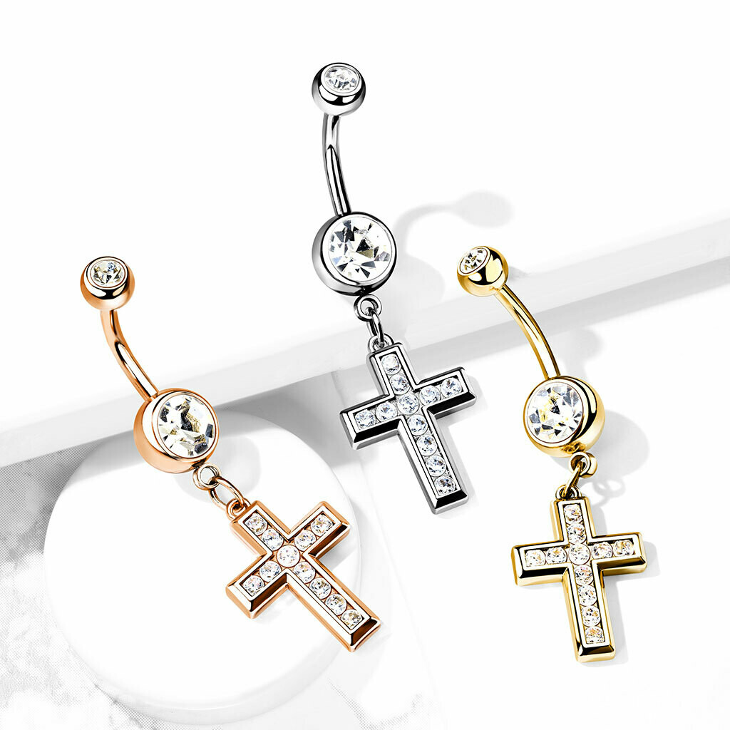 CZ Set Cross Dangle 316L Surgical Steel Jeweled Belly Button Rings