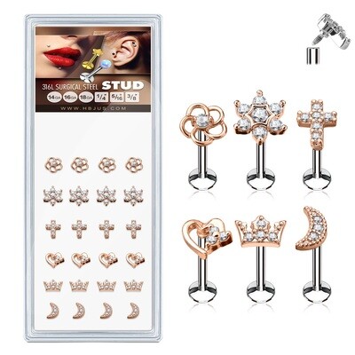 Assorted Styles Rose Gold Plated Top 316L Surgical Steel Stud for Labret, Lip, Monroe and Ear Cartilage