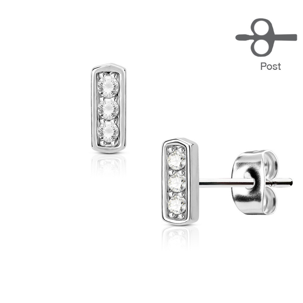 Pair of Three CZ Set Square Bar 316L Surgical Steel Post Earring Studs