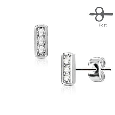 Pair of Three CZ Set Square Bar 316L Surgical Steel Post Earring Studs