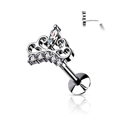 CZ Paved Tiara Threadless Top 316L Surgical Steel Push in Style Labret, Flat Back Studs For Ear Cartilage and Nose