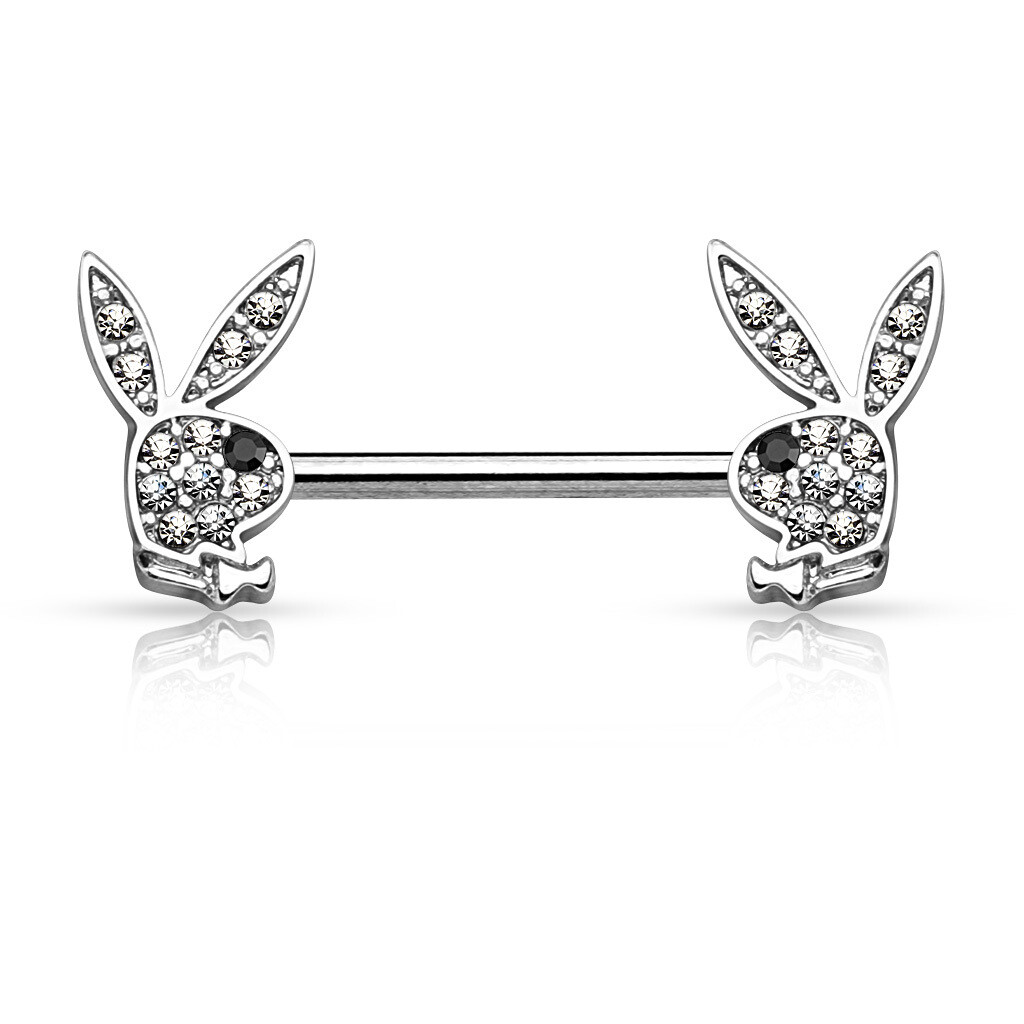 Crystal Paved Playboy Bunny Ends 316L Surgical Steel Nipple Ring Barbell