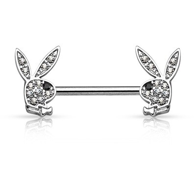 Crystal Paved Playboy Bunny Ends 316L Surgical Steel Nipple Ring Barbell